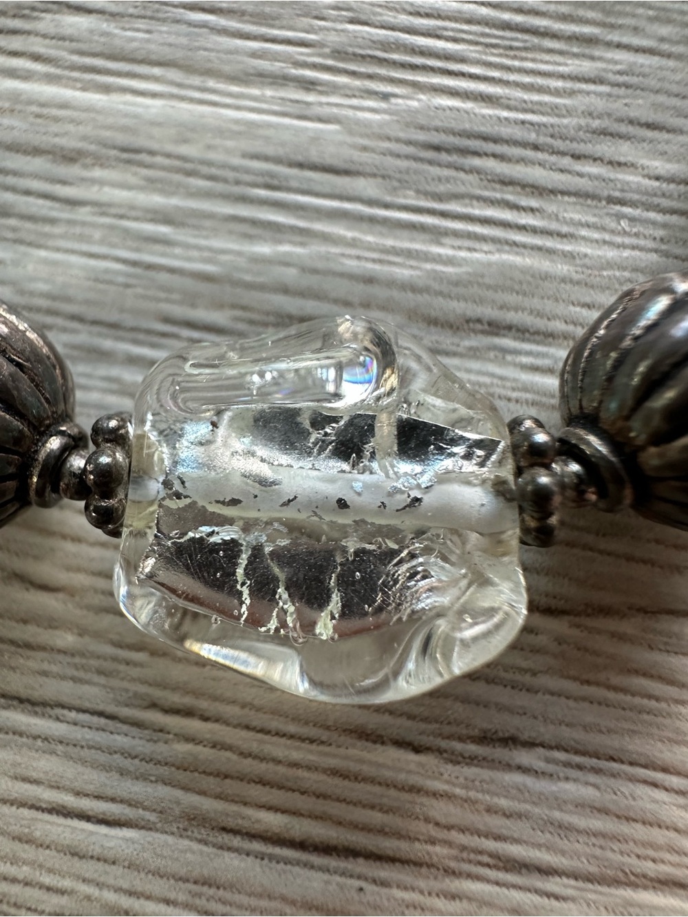 Handmade Clear Glass & Silver Foil Bead Bracelet 8” Artisanal - Picture 2 of 3